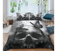 Skull with Butterflies Parure de Lit 3D Effet Microfibre 3 Pièces Hypoallergique Gothic Horror Art Ensemble De Literie avec Taie d'oreiller Super Douce for Adulte Super King（260x220cm）