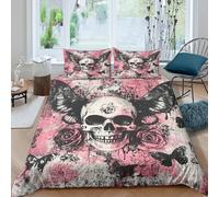 Skull with Butterflies Parure de Lit Microfibre Hypoallergique 3 pièces 3D Effet Respirante Gothic Art Style Housse de Couette avec 2 Taies d'oreiller Confortable for Hommes Single（140x200cm）