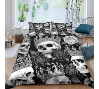 Skull with crown Housse de Couette Microfibre 3 Pièces Imprimé en 3D Confortable Gothic tattoo style Parure de Lit avec 2 Taies d'oreiller Facile d'entretien for couple amoureux Single（140x200cm）