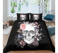 Skull with Flowers Linge de Lit Microfibre Hypoallergique 3 Pièces 3D Effet Respirante Botanique Gothic Art Parure de Lit avec Fermeture Éclair Douce for Chambre de Adolescents Single（135x200cm）