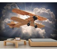 Sky Avion Mural Vintage Bois Biplan Mural Rétro Aviation Thème Murales Grand Papier Peint Pas Peel and Stick Papier Peint Mural Sticker Mural pour Salon Chambre 350 x 256 cm
