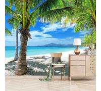 Sky Mountain Sea Beach Coconut Grove Papier Peint 3D Installation Facile Intissé Tapisserie Bureau Salon Canapé Chambre Décoration Murale-250cm×170cm