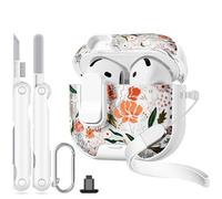 Skyconser avec verrou de sécurité pour Apple AirPods 4, étui transparent à motif floral mignon pour AirPod 4e génération, support de téléphone et kit de nettoyage pour femme, fille, fleur orange