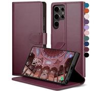 SkyDuck Coque en Cuir PU pour Samsung Galaxy S23 Ultra, Verre Trempé avec Fentes pour Cartes et Blocage RFID, Vin Rouge