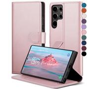 SkyDuck Coque pour Samsung Galaxy S24 Ultra [Fentes Cartes] [RFID Blocage] - Étui en Cuir PU avec Verre Trempé, Compatible S24 Ultra, Or Rose