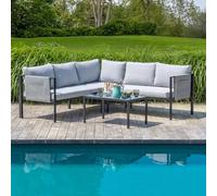 SKYLANTERN® Ensemble Salon de Jardin Exterieur en Métal 5 Personnes, 2 Canapés modulables et Table de Jardin en Verre Inclus, Mobilier de Jardin pour Amenagement Balcon, Table Basse en Verre Trempé