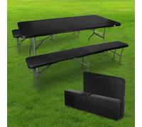 SKYLANTERN Ensemble Table et Bancs Pliants Noir 180cm - Lot 1 Table + 2 bancs Pliable pour Camping, cérémonie, Pique-Nique, Buffet et grillade - Ensemble Pliant Camping