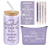 Skylety Lot de 7 cadeaux d'assistant administratif de 473,6 g, gobelet en verre, trousse de maquillage, stylos à bille, carnet de notes, cadeau de remerciement pour femme, collègue, bureau
