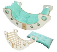 Skyline Balancelles Bascule Enfant Montessori Bebe 1 an Escalade Arche en Bois Mur descalade meble Arc à Grimper Bascule d'équilibre Portique d'escalade avec Coussin L Blanc/Turquoise