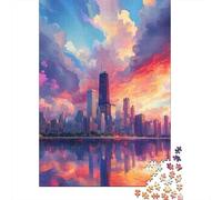 Skyline Chicago Casse-tête Reflet au Coucher de Soleil 1000 Pièces Papier Recy adeau Femmes & Hommes, Activité Maison Difficile et Stimulante, Cadeau Ludique 52x38cm/1000pcs