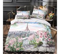 Skyline de Paris Housse de Couette 3D Effet Super Douce Hypoallergique Scène romantique à l'aquarelle Parure de Lit Microfibre résistante Fermeture Éclair Confortable for Garçon Single（135x200cm）