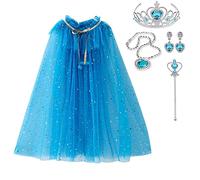 skyllc Cape de princesse paillettes en tulle pour enfants filles, avec des boucles d'oreilles collier couronne baguette magique(bleu)