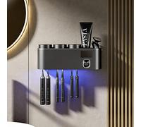 SKYLYZH Porte-Brosse à Dents, Stérilisation UV Porte-Brosse à Dents électrique, Distributeur de Dentifrice Automatique, Mural, Recharge Solaire ou USB, 3 Tasses, 6 Fentes pour Brosse à Dents-UV Gray