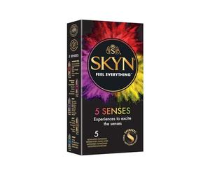 SKYN 5 Senses + : Boite de 5 Préservatifs masculins sans latex, matière Skynfeel, 1x Intensément Perlé, 2x Saveur Cocktail, 1x Elite (Ultra Fin), 1X Chauffant pour stimuler les sens