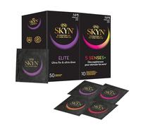 SKYN Lot de 60 Préservatifs: 50x Elite (Ultra-Fins) + 10x '5 Senses' (Multi-Sensations:Ultra-fin, perlé, saveur cocktail, chauffant, effet rafraichissant) Sans Latex pour Homme |Diamètre Standard 53mm