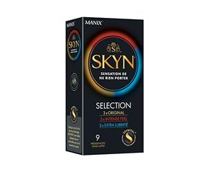 SKYN Selection : Lot de 9 Préservatifs sans latex Skynfeel pour Homme / Assortiment de 3 Types de Sensations : 3X Original, 3X Intense Feel, 3X Extra Lubrifié / Taille Régulière / Diamètre 53mm