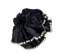 SkyPOOU Chouchou polyvalent avec perles pour chignon épais et surdimensionné, élégant pour queue de cheval, broderie noire perle, env. 12 cm