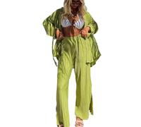 SkyPOOU Ensemble de 2 pantalons plissés pour femmes, vêtements de détente, chemise boutonnée, chemisier à manches longues, chemisier à jambes larges, tenues décontractées, ensemble plissé pour femme