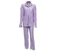 SkyPOOU Ensemble de 2 pantalons plissés pour femmes, vêtements de détente, chemise boutonnée, chemisier à manches longues, chemisier à jambes larges, tenues décontractées, ensemble plissé pour femme