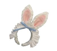 SkyPOOU Serre-tête avec oreilles de lapin en peluche pour femmes et filles. Nœud en dentelle bleu