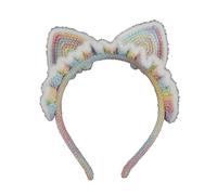 SkyPOOU Serre-tête en tricot délicat avec oreilles de chat/nœud en forme de nœud pour femme et adolescente - Accessoire pour cheveux - Motif chat arc-en-ciel