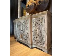 SKYPOS POINT OF SALE SYSTEMS Ohm - Buffet original Hand Made, en bois massif à manches naturelles, 4 portes avec taille florale géométrique, style industriel rétro vintage