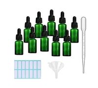 SKYPRO Lot de 10 flacons compte-gouttes en verre vert avec 1 entonnoir, 1 compte-gouttes et 14 pièces/feuille d'autocollants pour petites bouteilles en verre de 10 ml pour huiles essentielles,