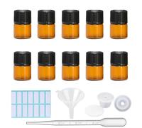 SKYPRO Lot de 10 mini flacons en verre ambré avec bouchons à trou central noirs, pipette mesurée, entonnoir et étiquettes, flacons en verre rechargeables de 1 ml pour huiles essentielles et parfums