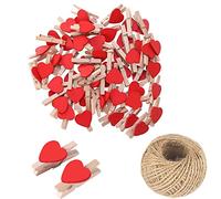 SKYPRO Lot de 100 mini pinces à linge en bois en forme de cœur - Multicolores avec cœur - 3 cm - Petites épingles à linge avec ficelle pour affichage de photos, bricolage, décoration de mariage et de