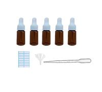 SKYPRO Lot de 5 flacons compte-gouttes en verre ambré avec 1 entonnoir, 1 compte-gouttes et 14 pièces/feuille d'autocollants pour petites bouteilles en verre de 3 ml pour huiles essentielles, liquides