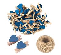 SKYPRO Lot de 50 mini pinces à linge en bois bleues en forme de cœur, petites pinces à linge multicolores avec cœur, clips photo cœur 3 cm, petites pinces à linge avec ficelle pour affichage de photos
