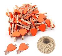 SKYPRO Lot de 50 pinces à linge en bois en forme de cœur orange, petites pinces à linge multicolores avec cœur, pinces à photo de 3 cm en forme de cœur, minuscules pinces à linge avec ficelle pour