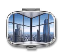Skyscraper Buildings Pilulier de voyage 2 compartiments quotidiens carré avec miroir Distributeur de pilules hebdomadaire portable pour poche de sac à main