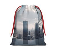 Skyscraper Buildings Sac cadeau en velours super doux avec cordon de serrage, sac de rangement imprimé complet pour Noël et rangement quotidien