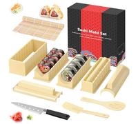 SKYSER Sushi Maker Kit 12 Pièces Outil de Sushi Making en Plastique avec 8 Formes Moule de Rouleau Riz à Sushi avec Fourchette Spatule DIY Kit de Sushi (Blanc Cassé)