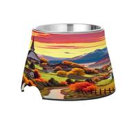 SKYSHU Beautiful Scenery Gamelles surélevées pour chien et chat - Prévention des vertèbres - Gamelle surélevée pour chien et chat avec bols amovibles en acier inoxydable - Anti-déversement - Gamelle