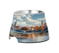 SKYSHU Beautiful Scenery Gamelles surélevées pour chien et chat - Prévention des vertèbres - Gamelle surélevée pour chien et chat avec bols amovibles en acier inoxydable - Anti-déversement - Gamelle