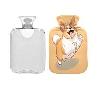 SKYSHU Bouillotte en forme de chien Corgi, 1 L, transparente, étanche, lavable, résistante à la chaleur, avec housse en peluche douce pour soulager les crampes menstruelles, le cou et les épaules