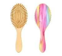 SKYSHU Brosse à cheveux en bois naturel avec plumes colorées avec poils en bois confortables, démêlante et coiffante ovale pour femmes, hommes et enfants, tous types de cheveux (cheveux mouillés, secs