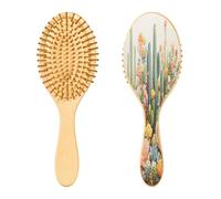 SKYSHU Cactus Brosse à cheveux ovale en bois naturel avec poils en bois confortables, démêlante et coiffante pour femmes, hommes et enfants, tous types de cheveux (cheveux mouillés, secs et abîmés)