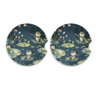 SKYSHU Frog Lotus Lot de 2 dessous de verre ronds en céramique absorbant avec base en liège et poignée du bout des doigts pour un nettoyage facile, 6,5 cm