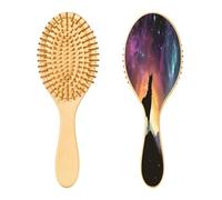SKYSHU Galaxy Wolf Brosse à cheveux ovale en bois naturel avec poils en bois confortables, démêlante et coiffante pour femmes, hommes et enfants, tous types de cheveux (cheveux mouillés, secs et
