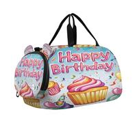 SKYSHU Grand sac de week-end étanche avec bandoulière amovible et compartiment à chaussures et poche humide Inscription Happy Birthday
