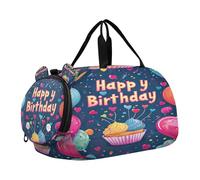 SKYSHU Grand sac de week-end étanche avec bandoulière amovible et compartiment à chaussures et poche humide Inscription Happy Birthday