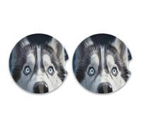 SKYSHU Husky Dog Lot de 2 dessous de verre ronds en céramique absorbant avec base en liège et poignée du bout des doigts pour un nettoyage facile, 6,5 cm
