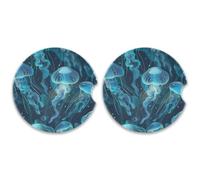 SKYSHU Jellyfish Lot de 2 dessous de verre ronds en céramique absorbant avec base en liège et poignée du bout des doigts pour un nettoyage facile, 6,5 cm