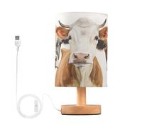 SKYSHU Lampe de chevet en forme de vache mignonne - Petite lampe de bureau LED USB avec base en bois antidérapante et abat-jour agréable pour les yeux - Pour salon, chambre à coucher, dortoir, maison,