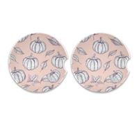 SKYSHU Lot de 2 dessous de verre ronds en forme de citrouille de Thanksgiving pour boissons, porte-gobelet de voiture en céramique absorbant avec base en liège et poignée du bout des doigts pour un