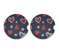 SKYSHU Lot de 2 dessous de verre ronds en forme de cœur mignon pour boissons, porte-gobelet de voiture en céramique absorbant avec base en liège et poignée du bout des doigts pour un nettoyage facile