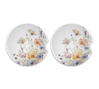 SKYSHU Lot de 2 dessous de verre ronds en forme de fleur sauvage pour boissons, porte-gobelet en céramique absorbant avec base en liège et poignée du bout des doigts pour un nettoyage facile, 6,5 cm